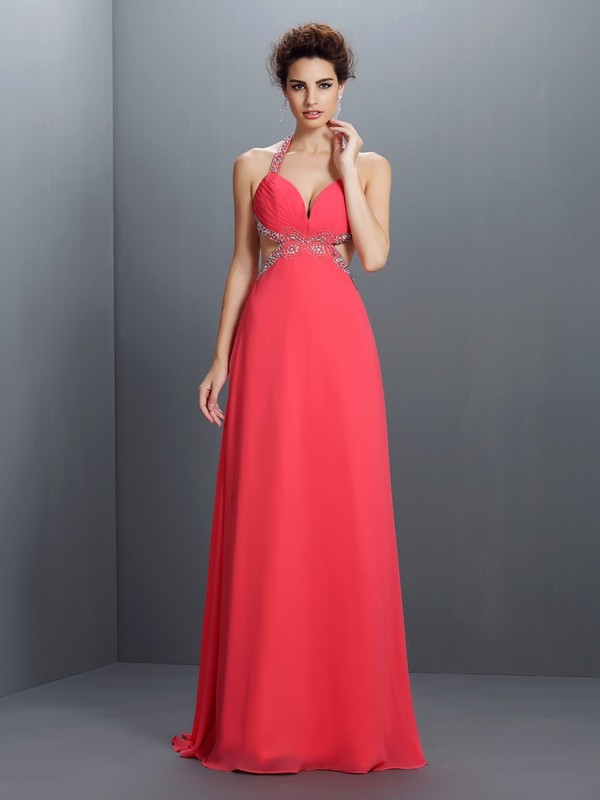 A-Line/Princess Halter Beading Sleeveless Long Chiffon Dresses 3563