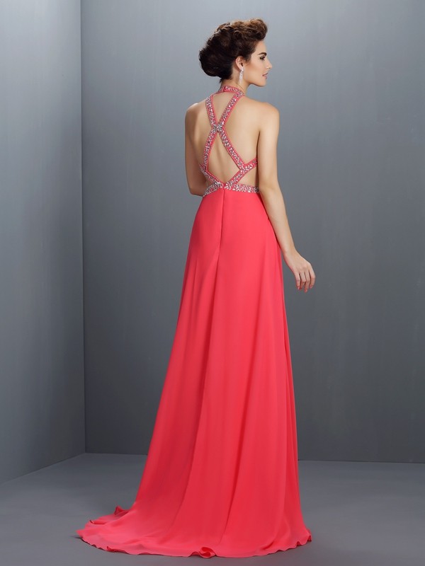 A-Line/Princess Halter Beading Sleeveless Long Chiffon Dresses 3563