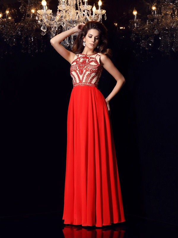 A-Line/Princess Scoop Beading Sleeveless Long Chiffon Dresses 4289