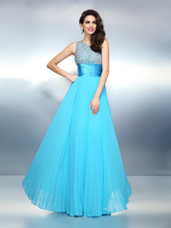 A-Line/Princess One-Shoulder Beading Sleeveless Long Chiffon Dresses 3845