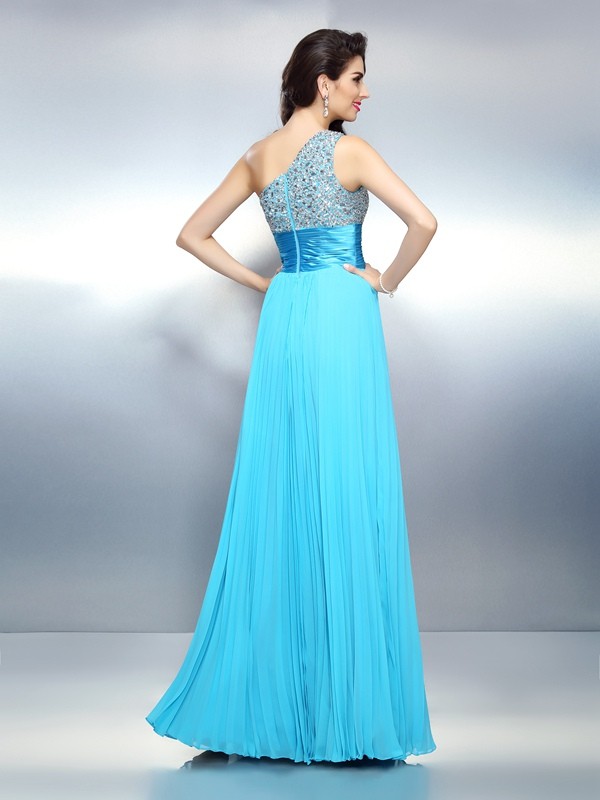 A-Line/Princess One-Shoulder Beading Sleeveless Long Chiffon Dresses 3845