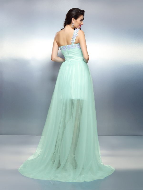 Sheath/Column One-Shoulder Applique Sleeveless Long Elastic Woven Satin Dresses 6150