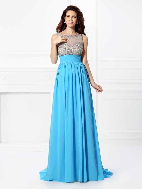 A-Line/Princess Bateau Beading Sleeveless Long Chiffon Dresses 3372