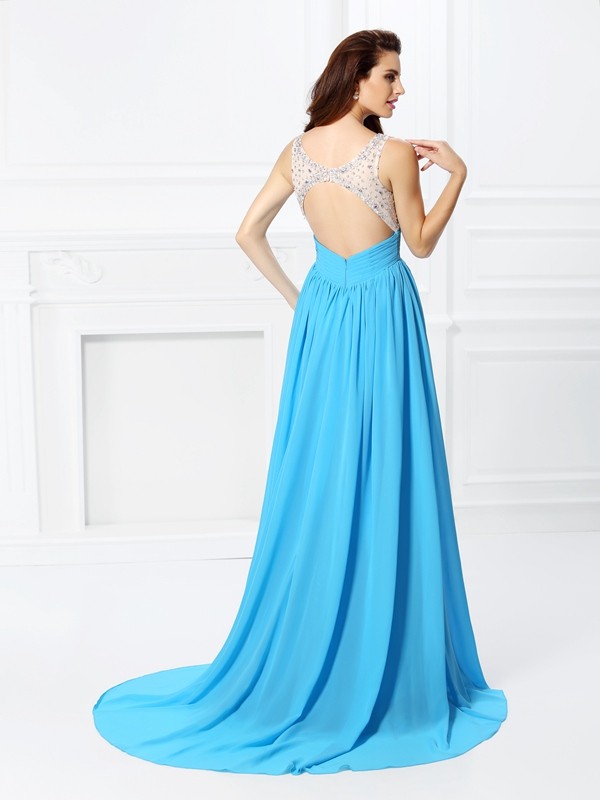 A-Line/Princess Bateau Beading Sleeveless Long Chiffon Dresses 3372