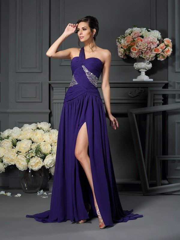 A-Line/Princess One-Shoulder Beading Sleeveless Long Chiffon Dresses 3846