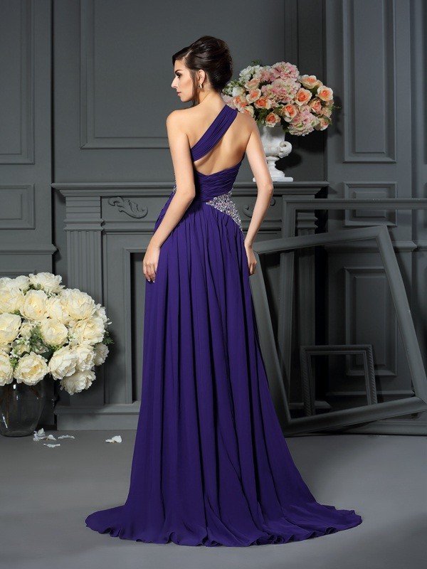 A-Line/Princess One-Shoulder Beading Sleeveless Long Chiffon Dresses 3846