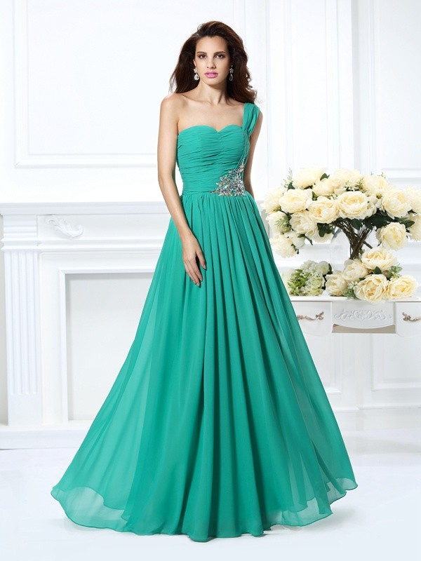 A-Line/Princess One-Shoulder Beading Sleeveless Long Chiffon Dresses 3847