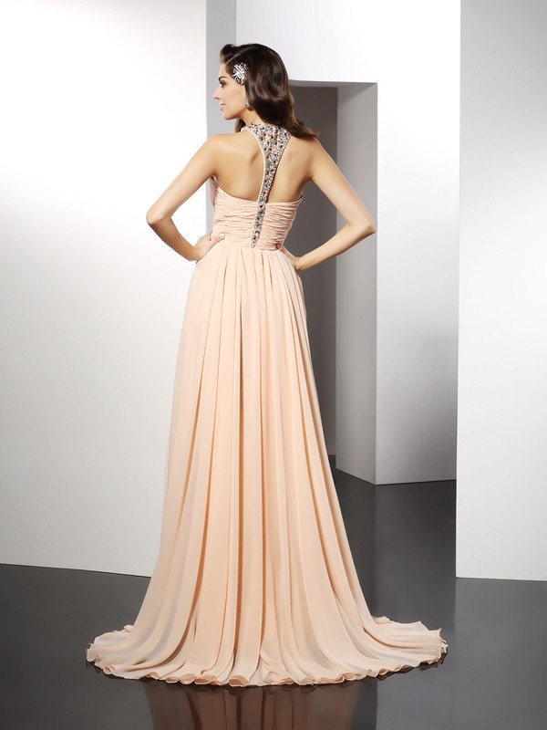 A-Line/Princess Jewel Ruffles Sleeveless Long Chiffon Dresses 3687