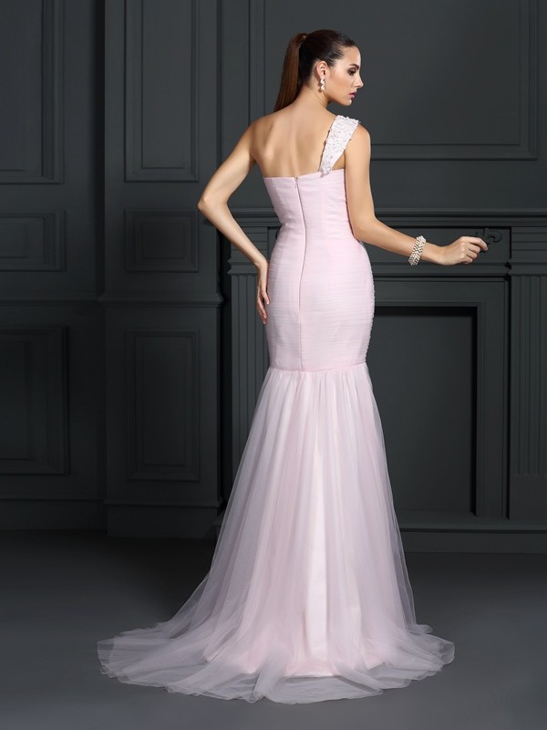 Trumpet/Mermaid One-Shoulder Sleeveless Long Satin Dresses 7181