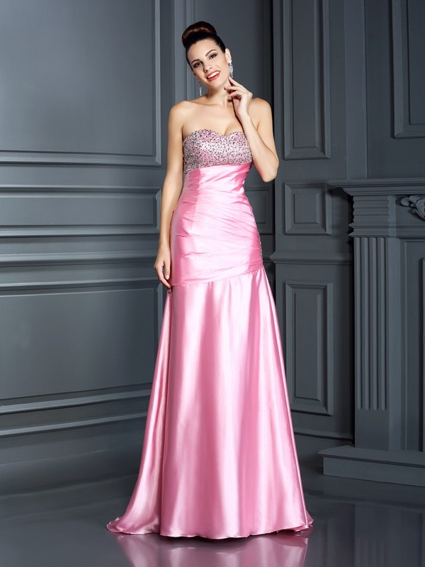 Trumpet/Mermaid Sweetheart Beading Sleeveless Long Elastic Woven Satin Dresses 7481