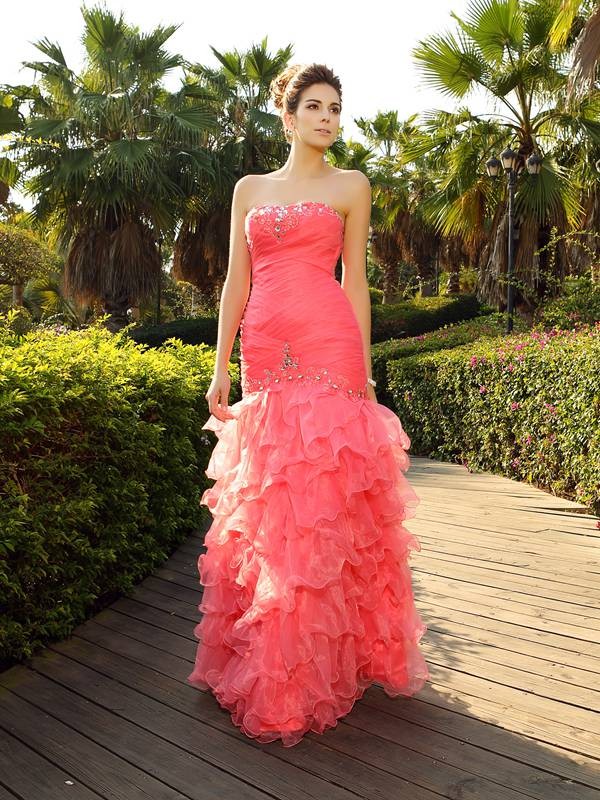 Trumpet/Mermaid Strapless Beading Sleeveless Long Organza Dresses 7411