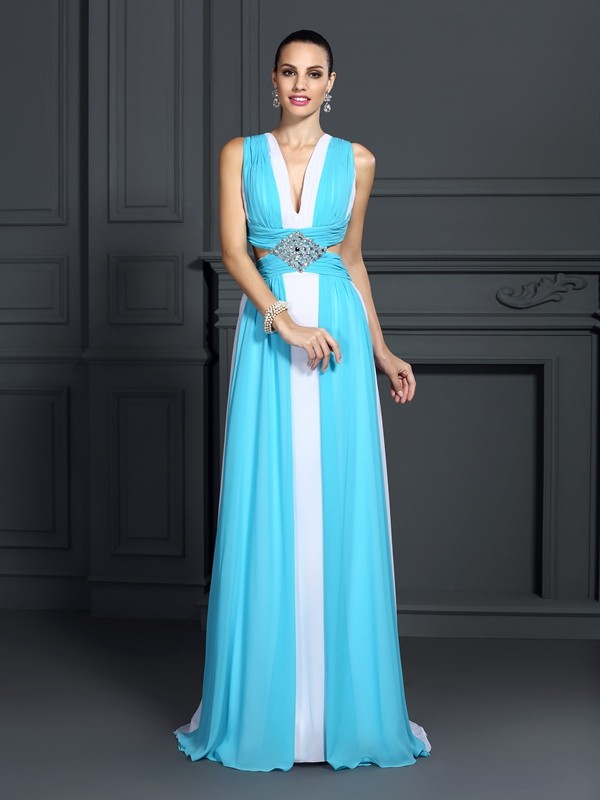 A-Line/Princess Halter Ruffles Sleeveless Long Chiffon Dresses 3578