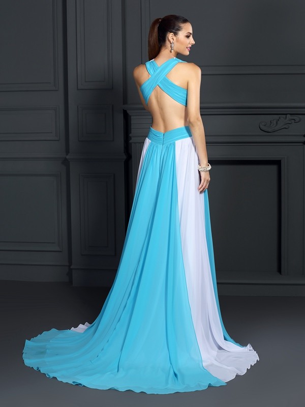 A-Line/Princess Halter Ruffles Sleeveless Long Chiffon Dresses 3578