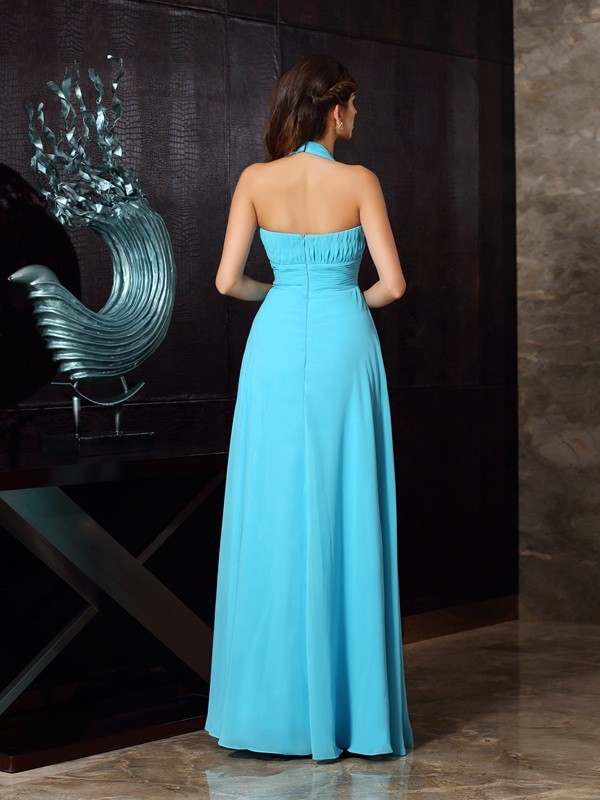 A-Line/Princess Halter Pleats Sleeveless Long Chiffon Dresses 3576