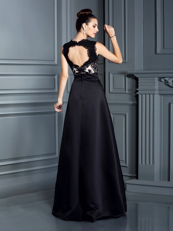 A-Line/Princess Straps Lace Sleeveless Long Satin Dresses 4826