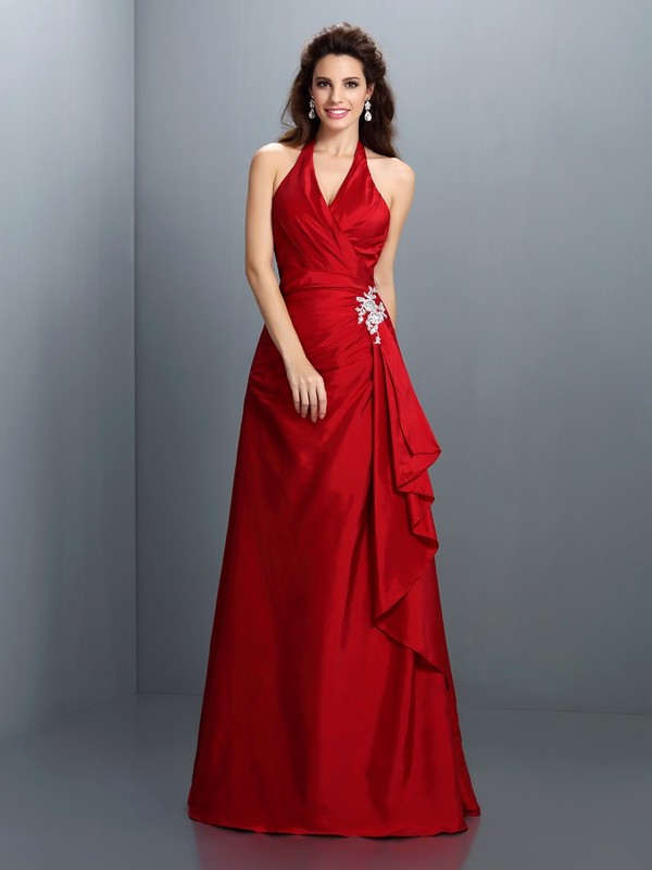 A-Line/Princess Halter Beading Sleeveless Long Taffeta Dresses 3569