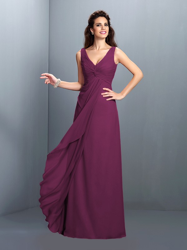 A-Line/Princess Straps Pleats Sleeveless Long Chiffon Bridesmaid Dresses 4829