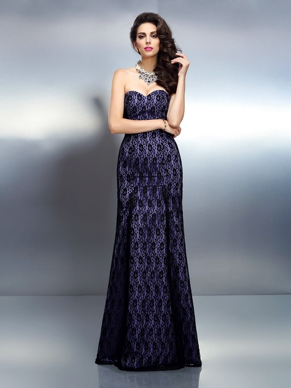 Trumpet/Mermaid Sweetheart Lace Sleeveless Long Satin Dresses 7496