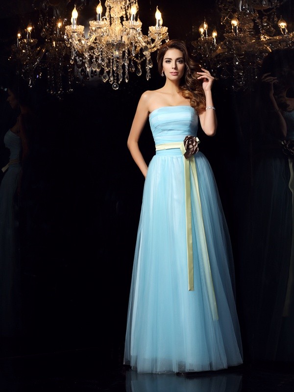 Ball Gown Strapless Sash/Ribbon/Belt Sleeveless Long Satin Quinceanera Dresses 5745