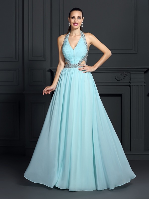 A-Line/Princess Halter Beading Sleeveless Long Chiffon Dresses 3564