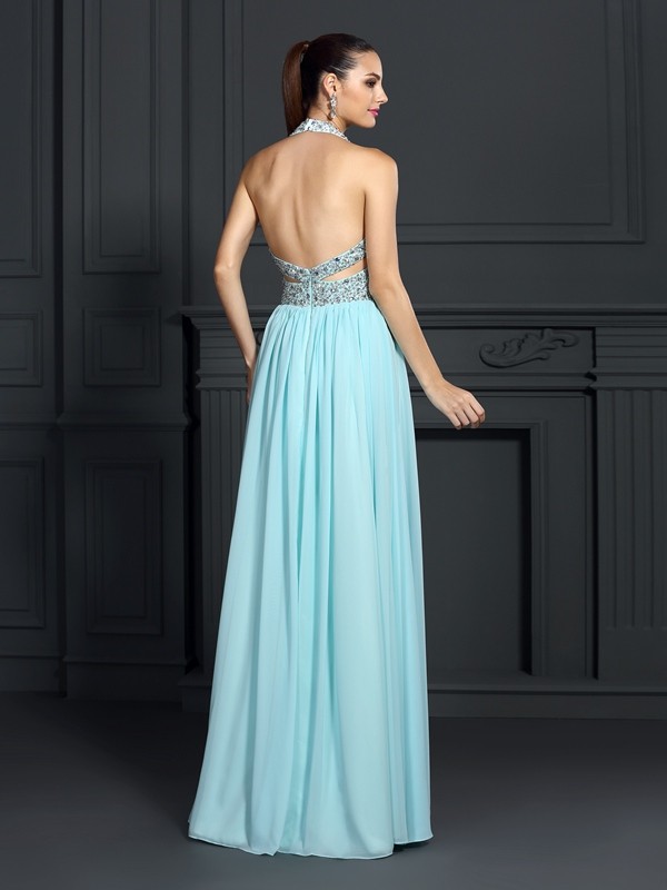 A-Line/Princess Halter Beading Sleeveless Long Chiffon Dresses 3564