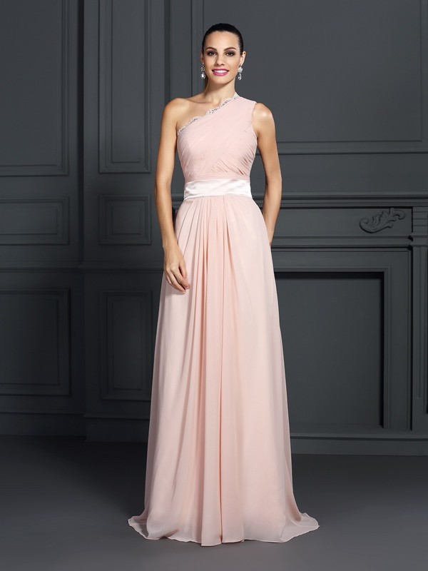 A-Line/Princess One-Shoulder Ruffles Sleeveless Long Chiffon Dresses 3871