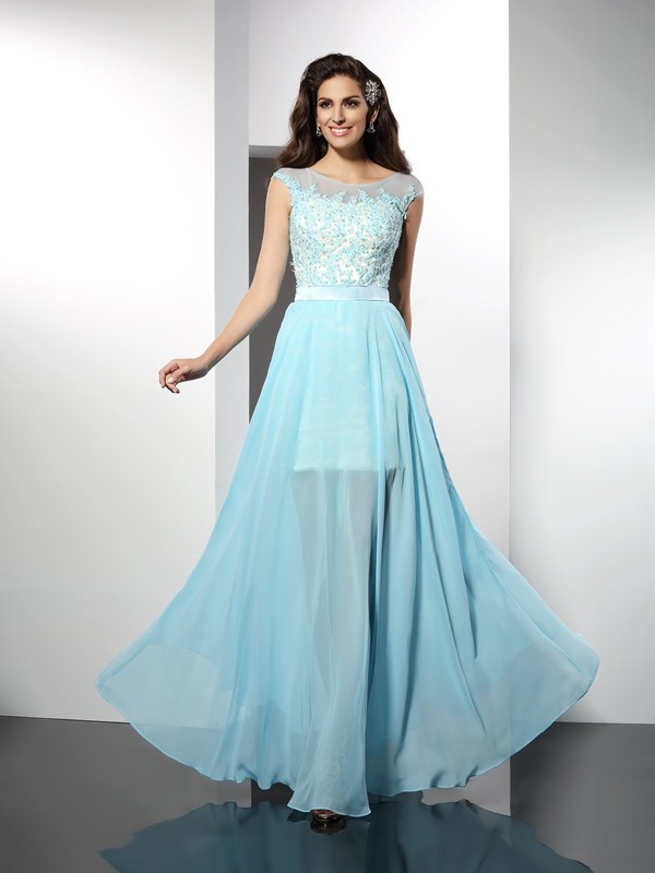 A-Line/Princess Bateau Applique Sleeveless Long Chiffon Dresses 3362