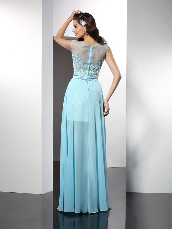 A-Line/Princess Bateau Applique Sleeveless Long Chiffon Dresses 3362