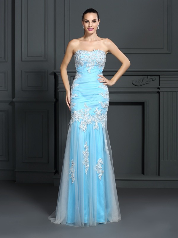 Trumpet/Mermaid Strapless Applique Sleeveless Long Elastic Woven Satin Dresses 7405