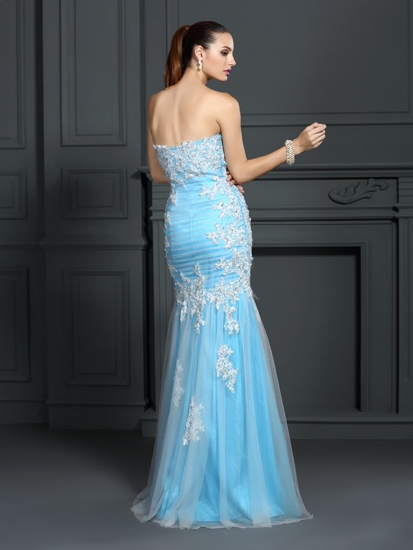 Trumpet/Mermaid Strapless Applique Sleeveless Long Elastic Woven Satin Dresses 7405