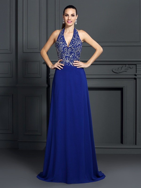 A-Line/Princess Halter Applique Sleeveless Long Chiffon Dresses 3558