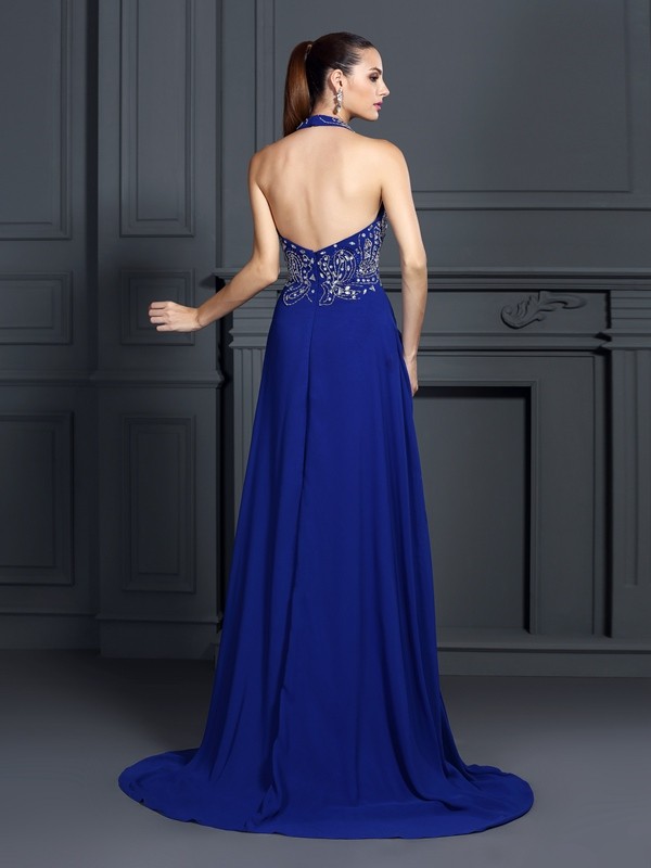 A-Line/Princess Halter Applique Sleeveless Long Chiffon Dresses 3558