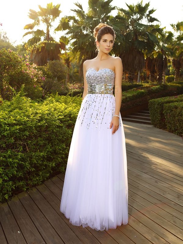 A-Line/Princess Sweetheart Beading Sleeveless Long Organza Dresses 4965