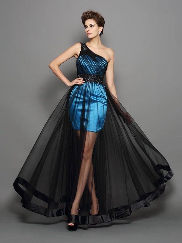 A-Line/Princess One-Shoulder Ruched Sleeveless Long Elastic Woven Satin Dresses 3870