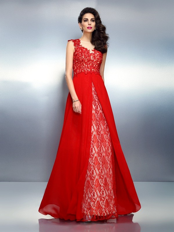 A-Line/Princess Bateau Applique Sleeveless Long Net Dresses 3363