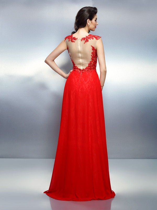 A-Line/Princess Bateau Applique Sleeveless Long Net Dresses 3363