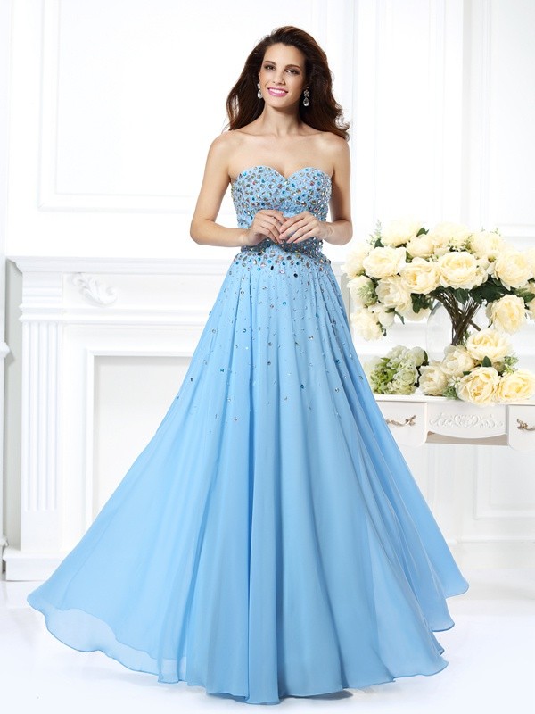 A-Line/Princess Sweetheart Beading Sleeveless Long Chiffon Dresses 4938