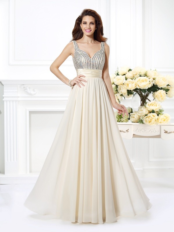 A-Line/Princess Straps Beading Sleeveless Long Chiffon Dresses 4813