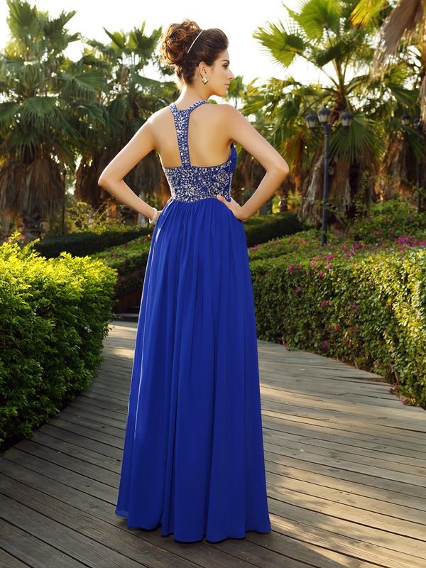 A-Line/Princess Straps Beading Sleeveless Long Chiffon Dresses 4814