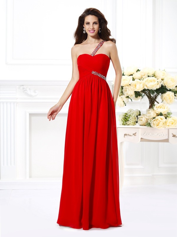 A-Line/Princess One-Shoulder Beading Sleeveless Long Chiffon Dresses 3848