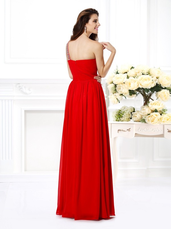 A-Line/Princess One-Shoulder Beading Sleeveless Long Chiffon Dresses 3848