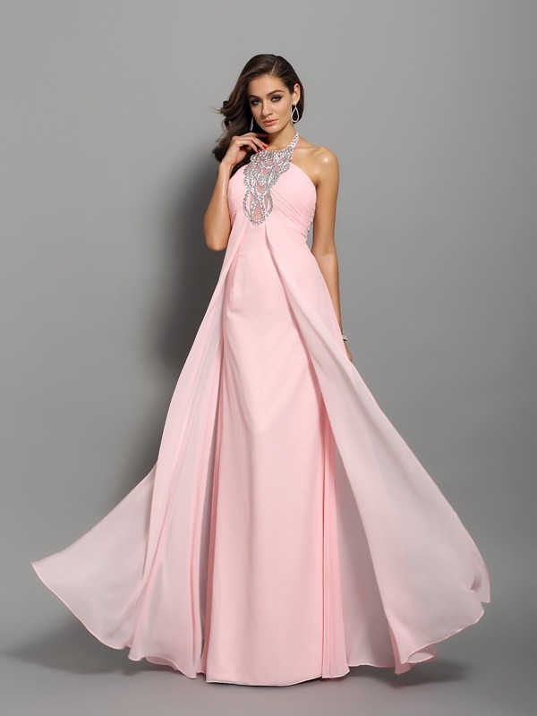 Sheath/Column High Neck Beading Sleeveless Long Chiffon Dresses 5981