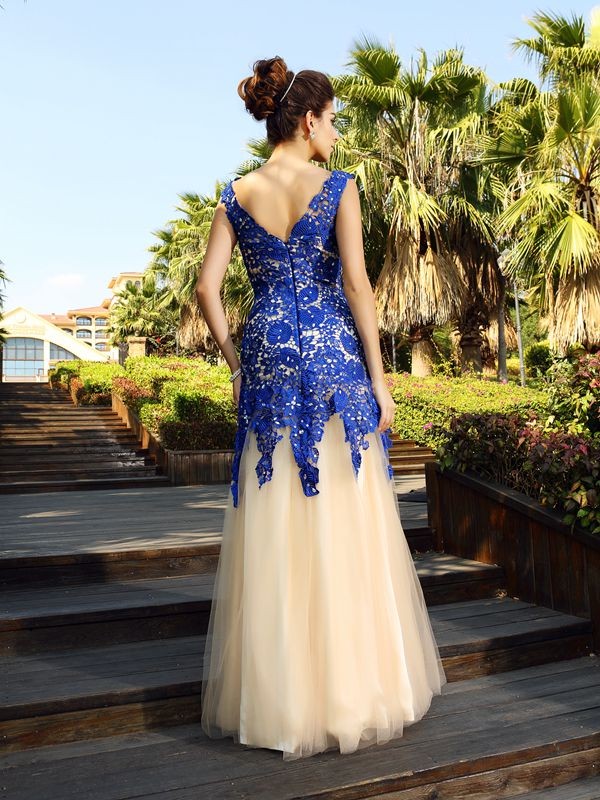 Sheath/Column V-neck Applique Sleeveless Long Net Dresses 6870