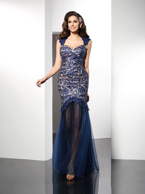 Trumpet/Mermaid Sweetheart Lace Sleeveless Long Net Dresses 7495