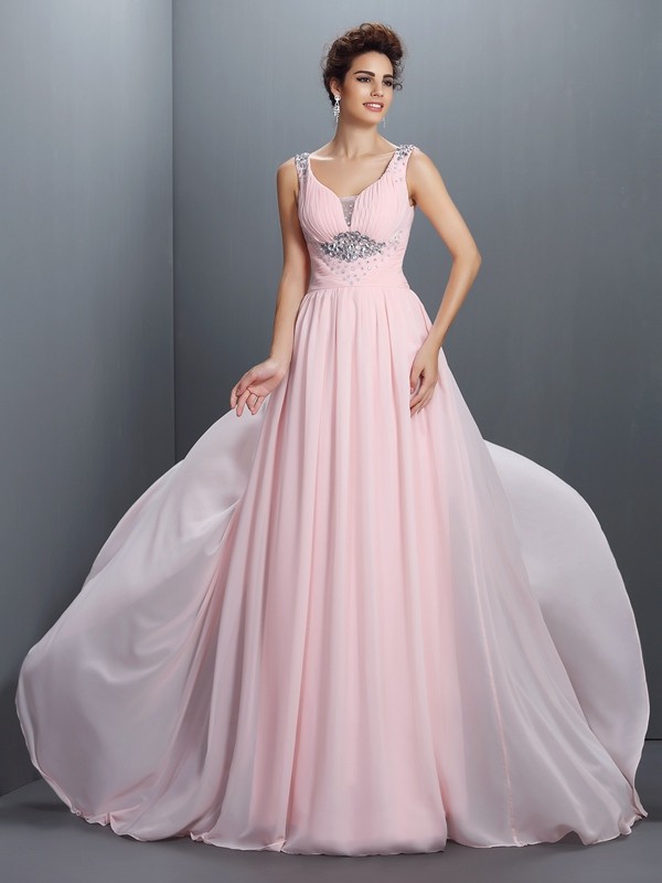 A-Line/Princess Straps Beading Sleeveless Long Chiffon Dresses 4815