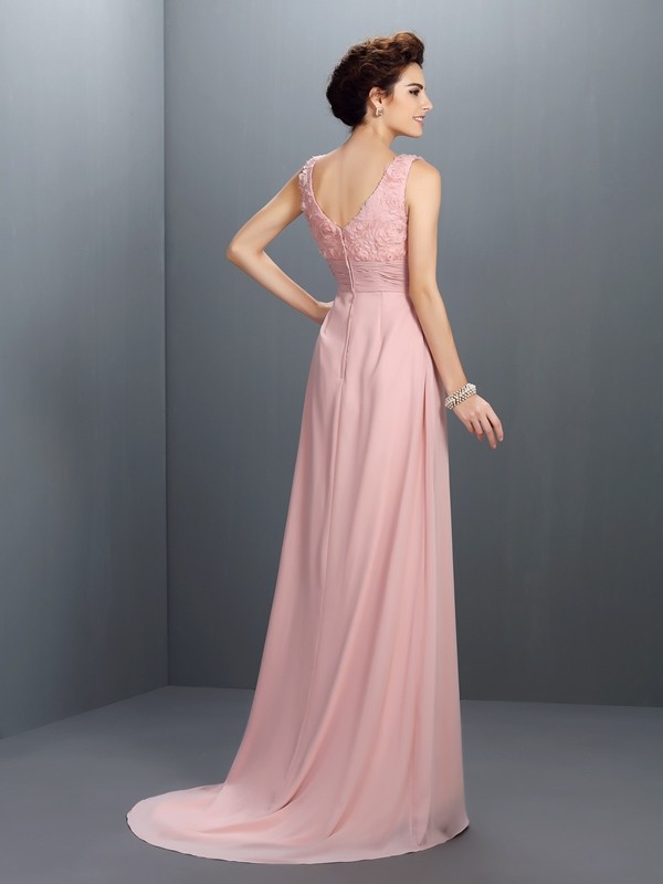 A-Line/Princess V-neck Beading Sleeveless Long Chiffon Dresses 5443