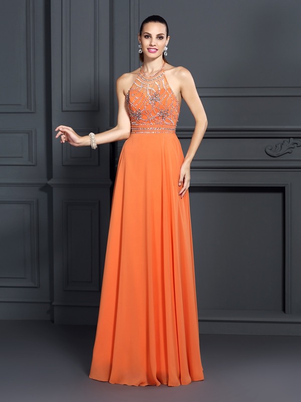 A-Line/Princess Scoop Beading Sleeveless Long Chiffon Dresses 4291