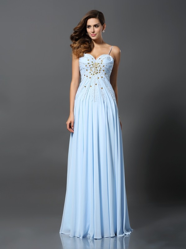 A-Line/Princess Spaghetti Straps Beading Sleeveless Long Chiffon Dresses 4683