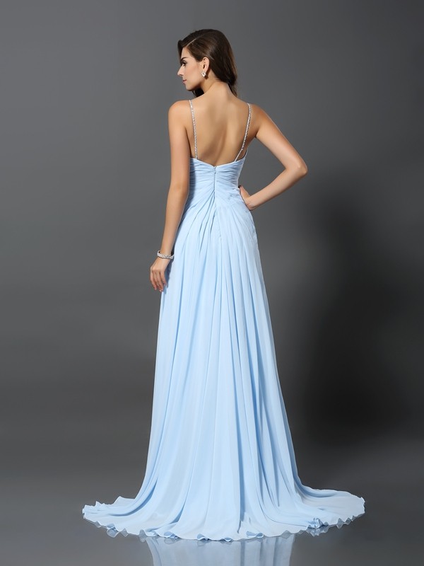 A-Line/Princess Spaghetti Straps Beading Sleeveless Long Chiffon Dresses 4683