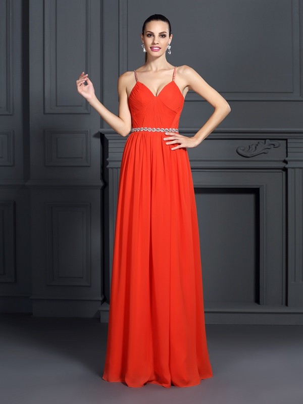 A-Line/Princess Spaghetti Straps Beading Sleeveless Long Chiffon Dresses 4684